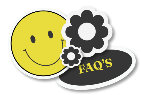Un emoji de carita, dos flores y un recuadro que dice FAQ'S